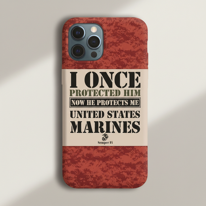 Personalized Proud US Marine Mom Phone Case - "I Once Protected Him, Now He Protects Me" - Custom Name Red Digital Camo Cover