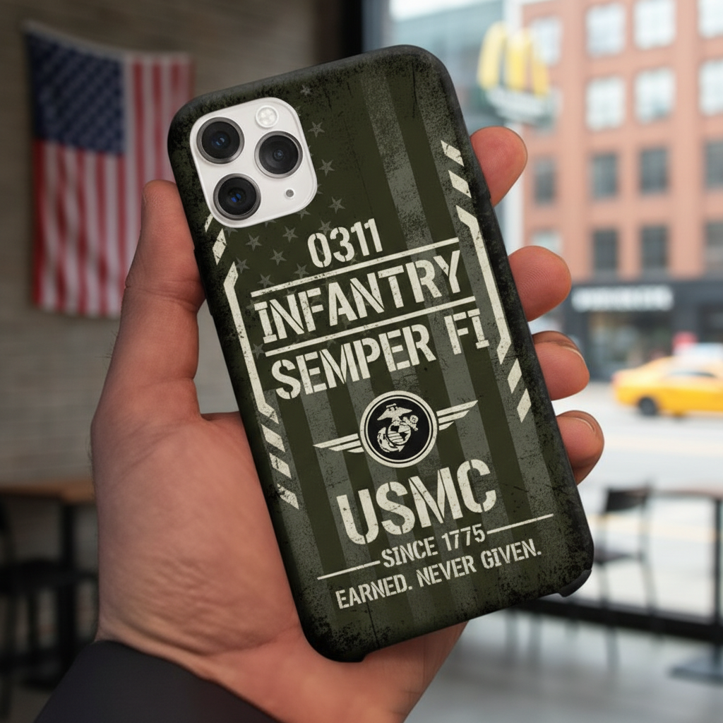 Custom USMC 0311 Infantry Phone Case - Personalized Marine Corps Semper Fi Cover - Earned Never Given Design for iPhone & Samsung