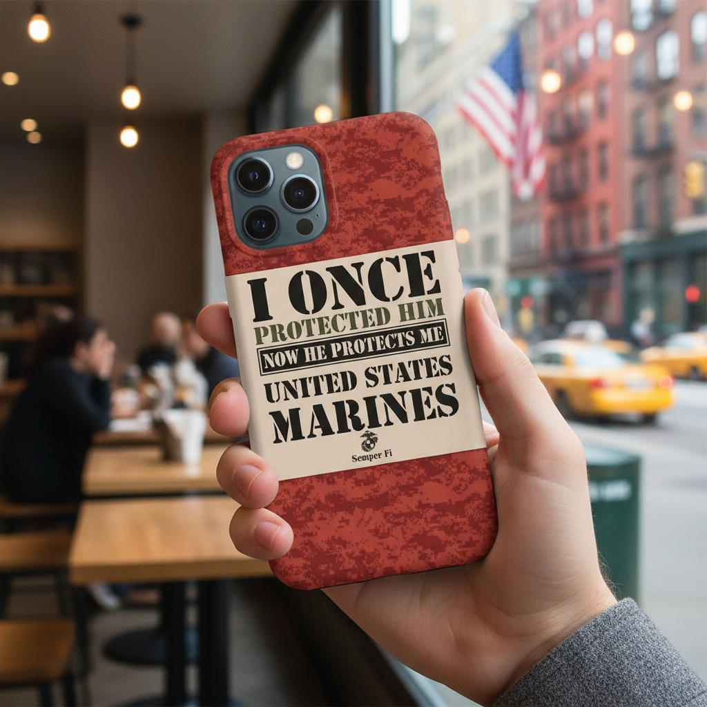 Personalized Proud US Marine Mom Phone Case - "I Once Protected Him, Now He Protects Me" - Custom Name Red Digital Camo Cover