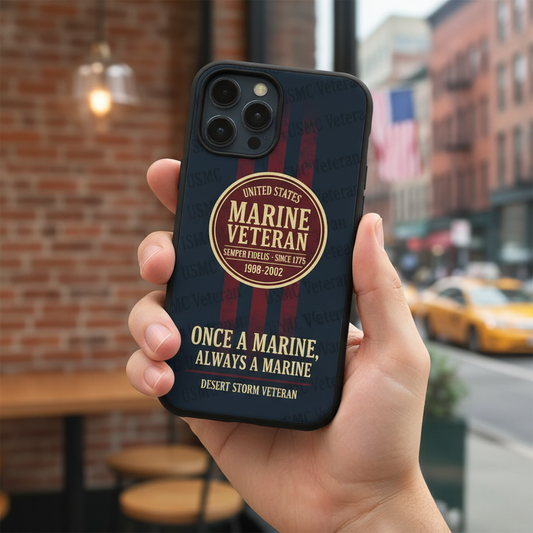 Personalized US Marine Veteran Phone Case - Custom Name & Service Years - Military Retirement Gift for Dad/Grandpa - USMC Desert Storm Veteran Case