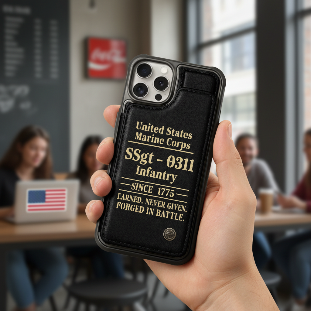 Custom USMC Rank & MOS Leather Phone Case - Personalized Marine Corps Infantry Gift