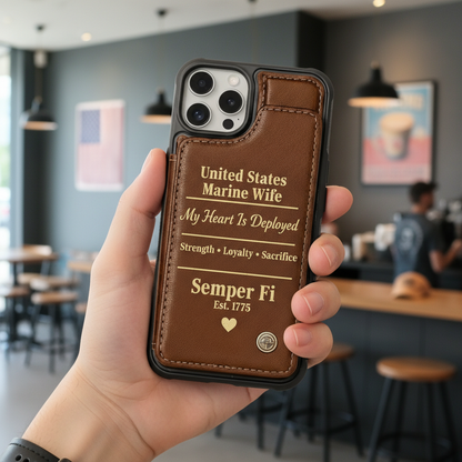 United States Marine Wife Custom Leather Phone Case - "My Heart Is Deployed" Edition