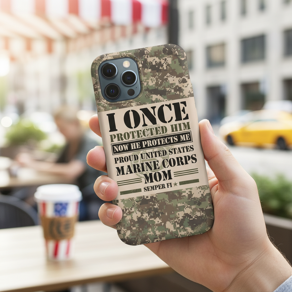 Custom US Marine Corps Mom Phone Case - Proud Military Mother Camo Design - Personalizable Name & Rank