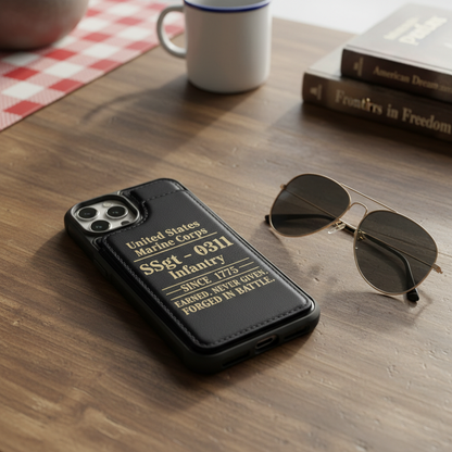Custom USMC Rank & MOS Leather Phone Case - Personalized Marine Corps Infantry Gift