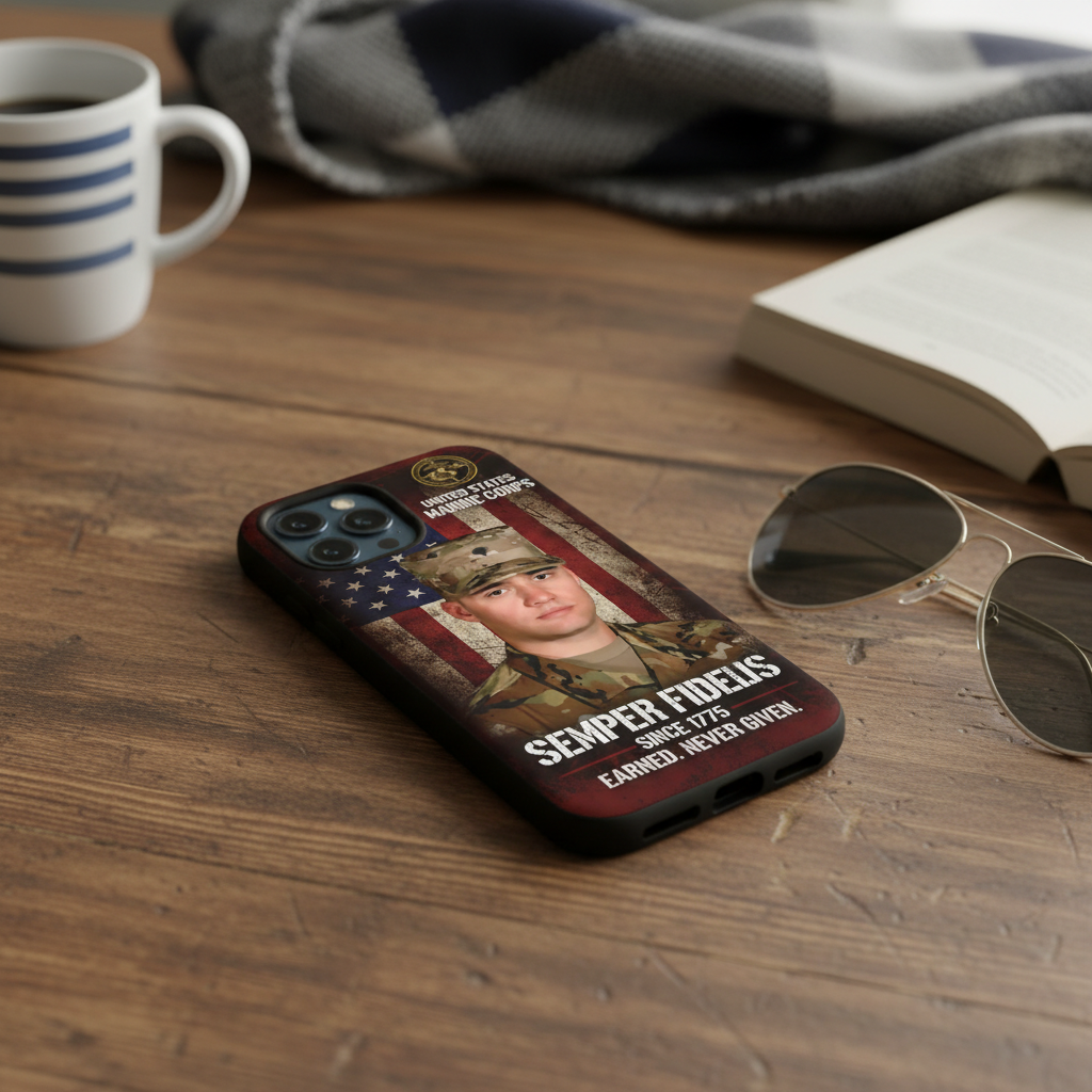 Custom US Marine Corps Phone Case with Photo - Personalized USMC Semper Fidelis Gift - Military Pride Cover for iPhone & Samsung - Earned Never Given Design