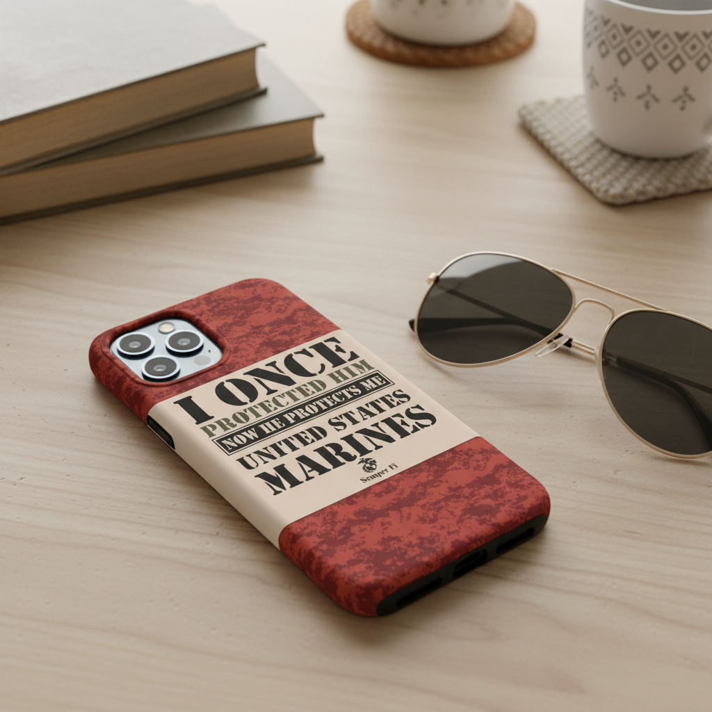 Personalized Proud US Marine Mom Phone Case - "I Once Protected Him, Now He Protects Me" - Custom Name Red Digital Camo Cover