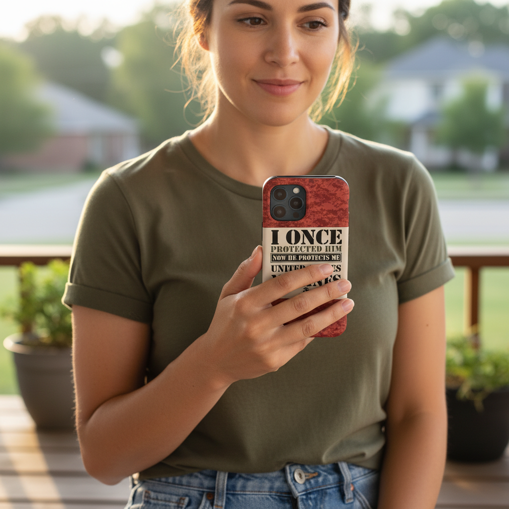 Personalized Proud US Marine Mom Phone Case - "I Once Protected Him, Now He Protects Me" - Custom Name Red Digital Camo Cover
