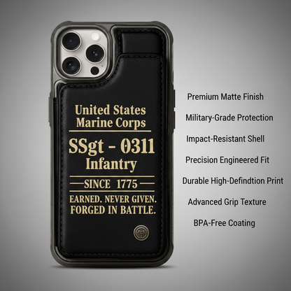 Custom USMC Rank & MOS Leather Phone Case - Personalized Marine Corps Infantry Gift