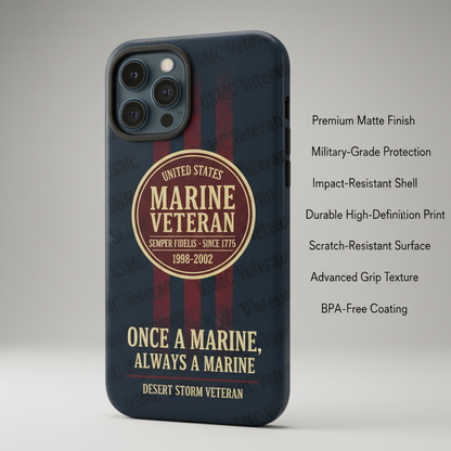 Personalized US Marine Veteran Phone Case - Custom Name & Service Years - Military Retirement Gift for Dad/Grandpa - USMC Desert Storm Veteran Case