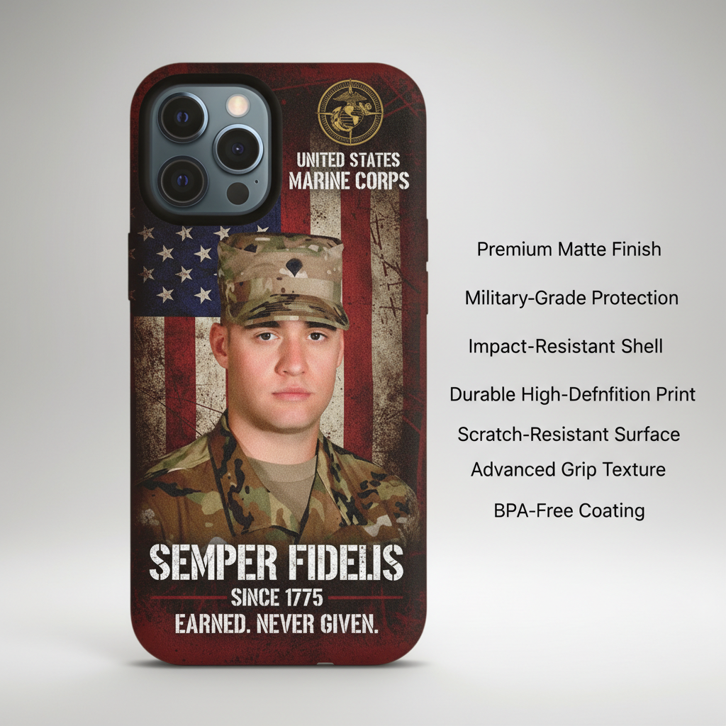Custom US Marine Corps Phone Case with Photo - Personalized USMC Semper Fidelis Gift - Military Pride Cover for iPhone & Samsung - Earned Never Given Design