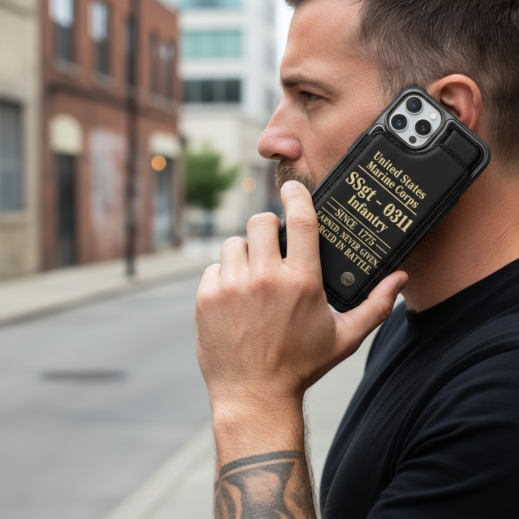 Custom USMC Rank & MOS Leather Phone Case - Personalized Marine Corps Infantry Gift