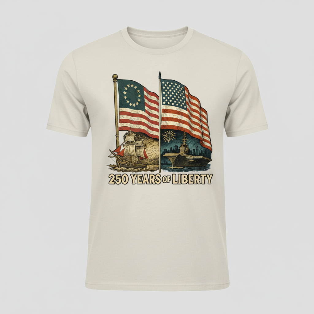 250 Years of Liberty — From the First Flag of Independence to the Strength of a Modern Nation (1776–2026) T-Shirt