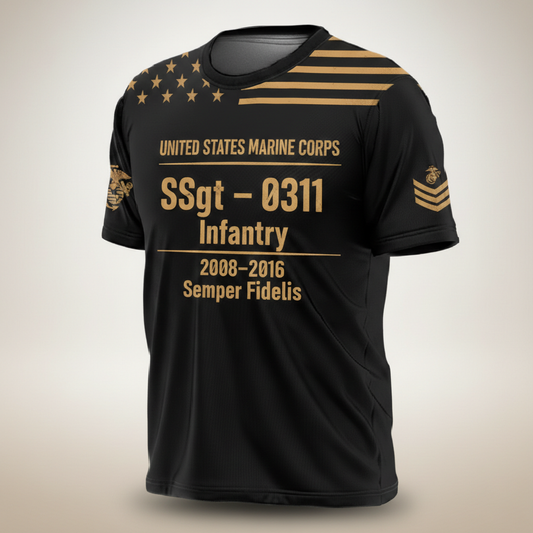 "Semper Fidelis" USMC 0311 Infantry SSgt Combat Veteran Gold Accent Tee
