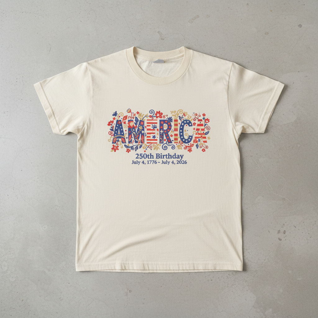 America 250 – Floral Birthday Typography T-Shirt