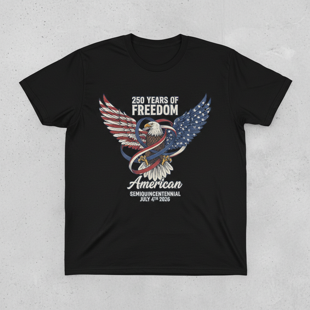 250 Years of Freedom — The Semiquincentennial Emblem of American Independence, Unity, and the Ever-Soaring Spirit of Liberty (July 4th, 1776–2026) T-Shirt