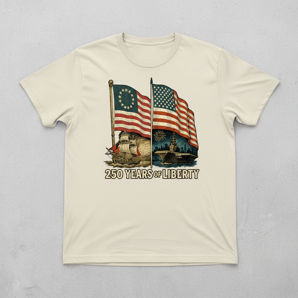 250 Years of Liberty — From the First Flag of Independence to the Strength of a Modern Nation (1776–2026) T-Shirt