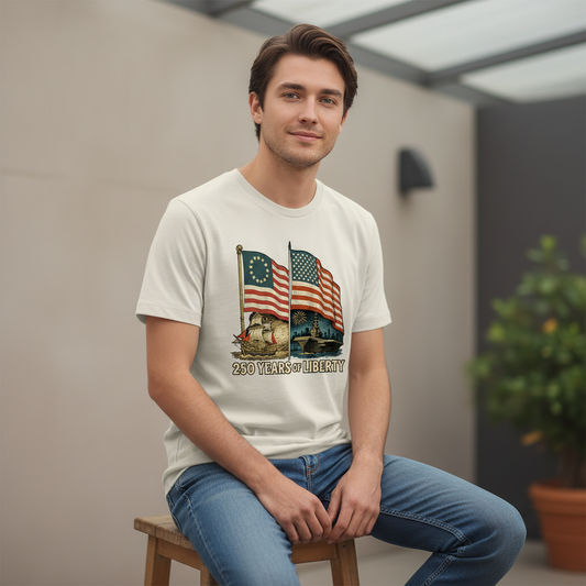 250 Years of Liberty — From the First Flag of Independence to the Strength of a Modern Nation (1776–2026) T-Shirt
