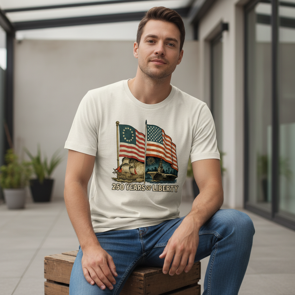 250 Years of Liberty — From the First Flag of Independence to the Strength of a Modern Nation (1776–2026) T-Shirt