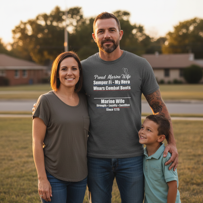 "My Hero Wears Combat Boots" Proud Marine Wife Tee
