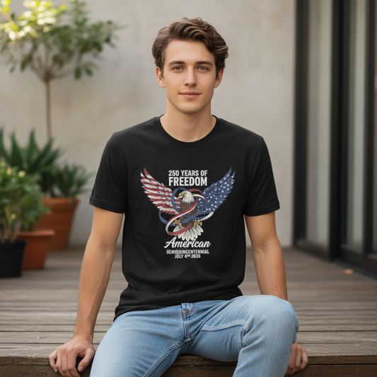 250 Years of Freedom — The Semiquincentennial Emblem of American Independence, Unity, and the Ever-Soaring Spirit of Liberty (July 4th, 1776–2026) T-Shirt