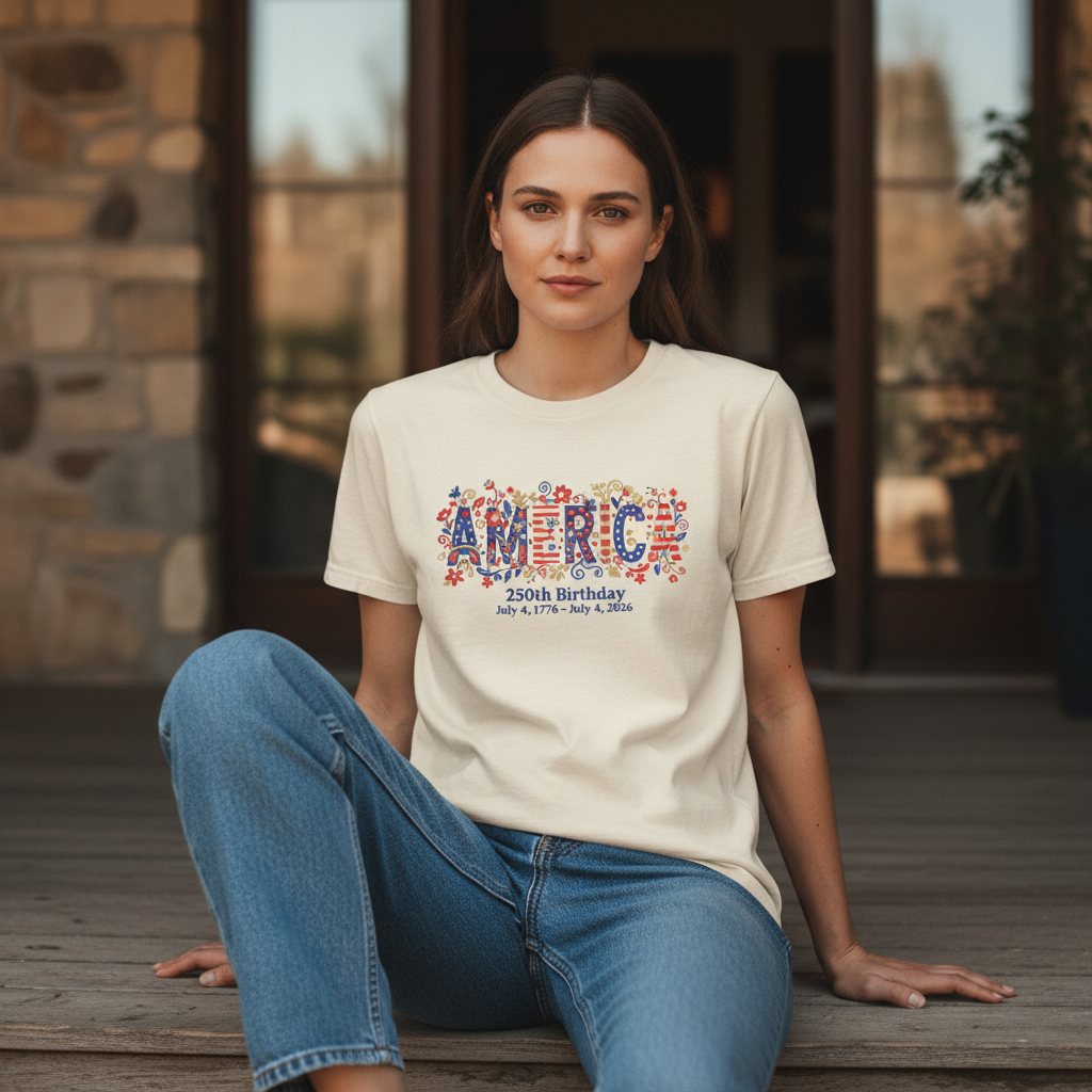 America 250 – Floral Birthday Typography T-Shirt