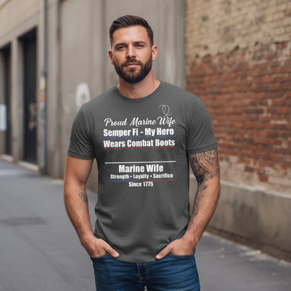 "My Hero Wears Combat Boots" Proud Marine Wife Tee