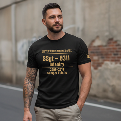 "Semper Fidelis" USMC 0311 Infantry SSgt Combat Veteran Gold Accent Tee