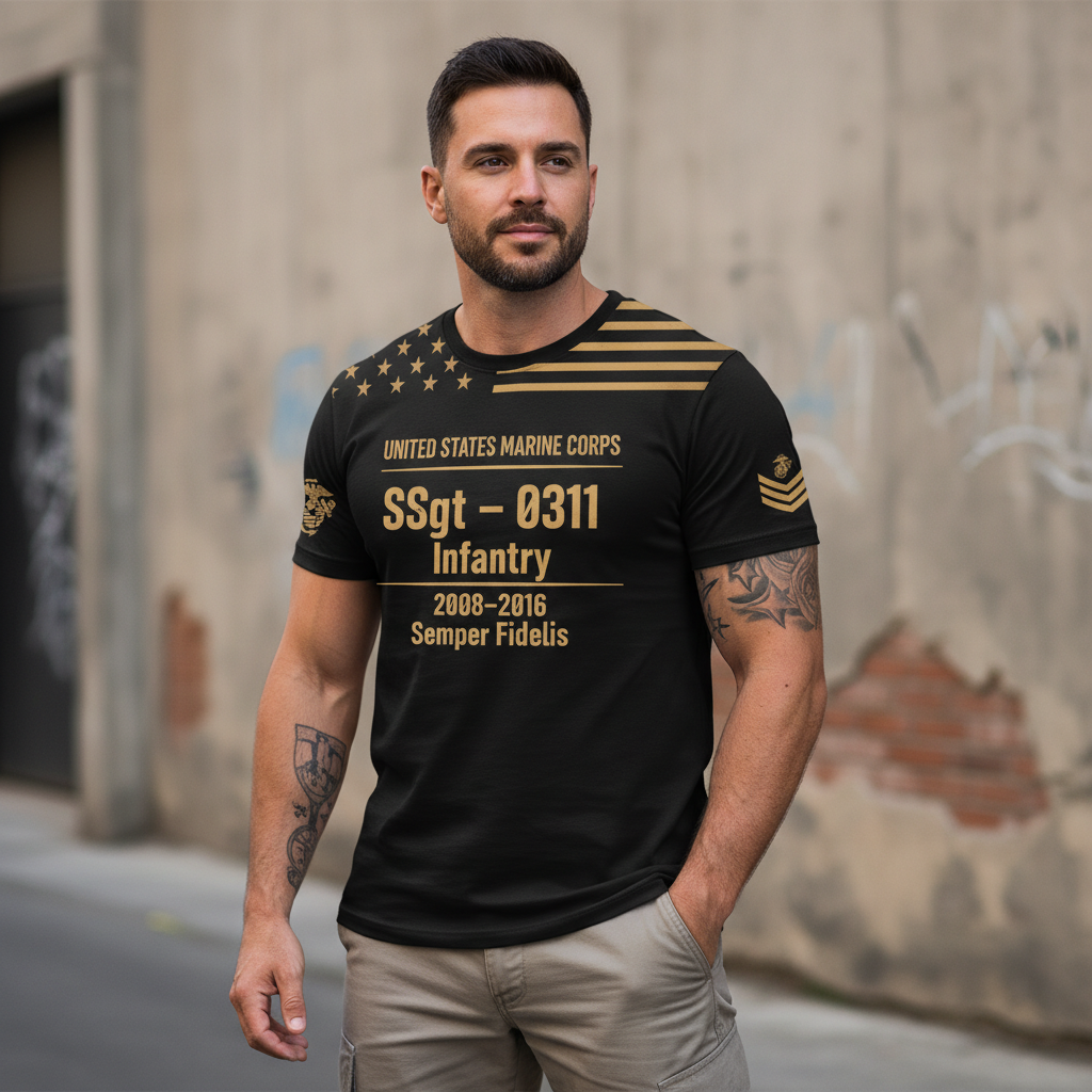 "Semper Fidelis" USMC 0311 Infantry SSgt Combat Veteran Gold Accent Tee