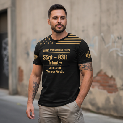 "Semper Fidelis" USMC 0311 Infantry SSgt Combat Veteran Gold Accent Tee