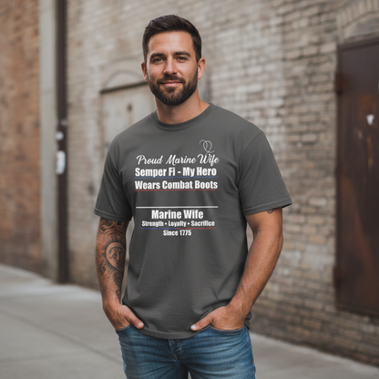 "My Hero Wears Combat Boots" Proud Marine Wife Tee