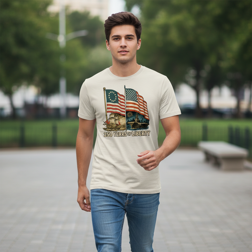 250 Years of Liberty — From the First Flag of Independence to the Strength of a Modern Nation (1776–2026) T-Shirt