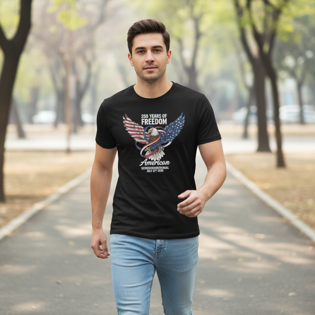 250 Years of Freedom — The Semiquincentennial Emblem of American Independence, Unity, and the Ever-Soaring Spirit of Liberty (July 4th, 1776–2026) T-Shirt