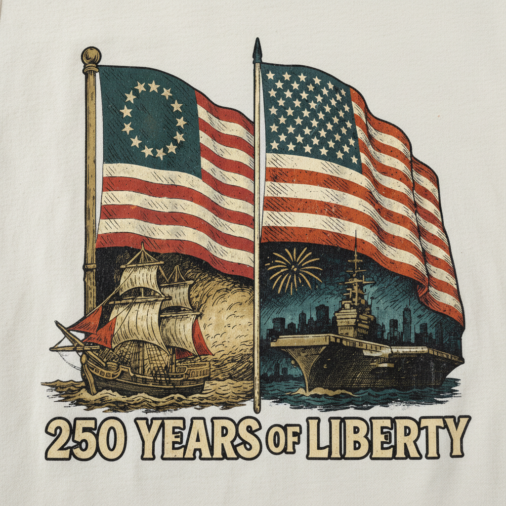 250 Years of Liberty — From the First Flag of Independence to the Strength of a Modern Nation (1776–2026) T-Shirt