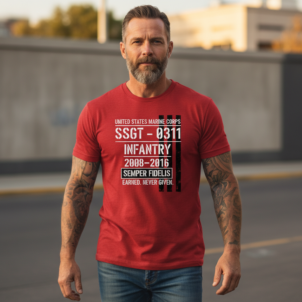 USMC "Semper Fidelis" SSgt 0311 Infantry Combat Veteran Red Edition Tee