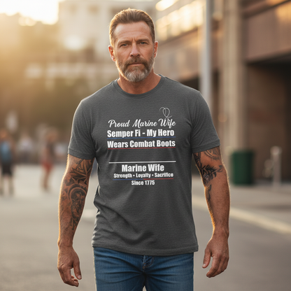 "My Hero Wears Combat Boots" Proud Marine Wife Tee