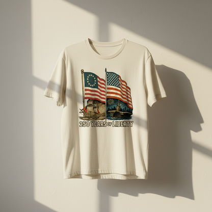 250 Years of Liberty — From the First Flag of Independence to the Strength of a Modern Nation (1776–2026) T-Shirt