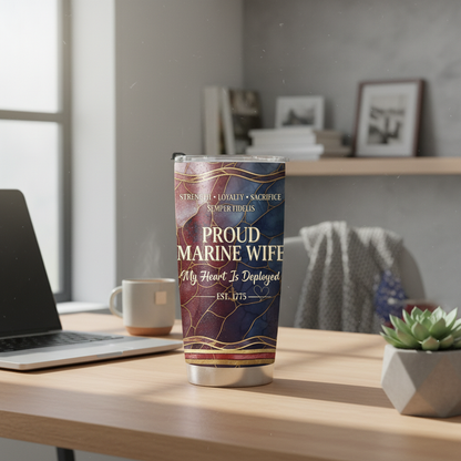 Custom Name Proud Marine Wife Tumbler - Semper Fidelis Marble Design