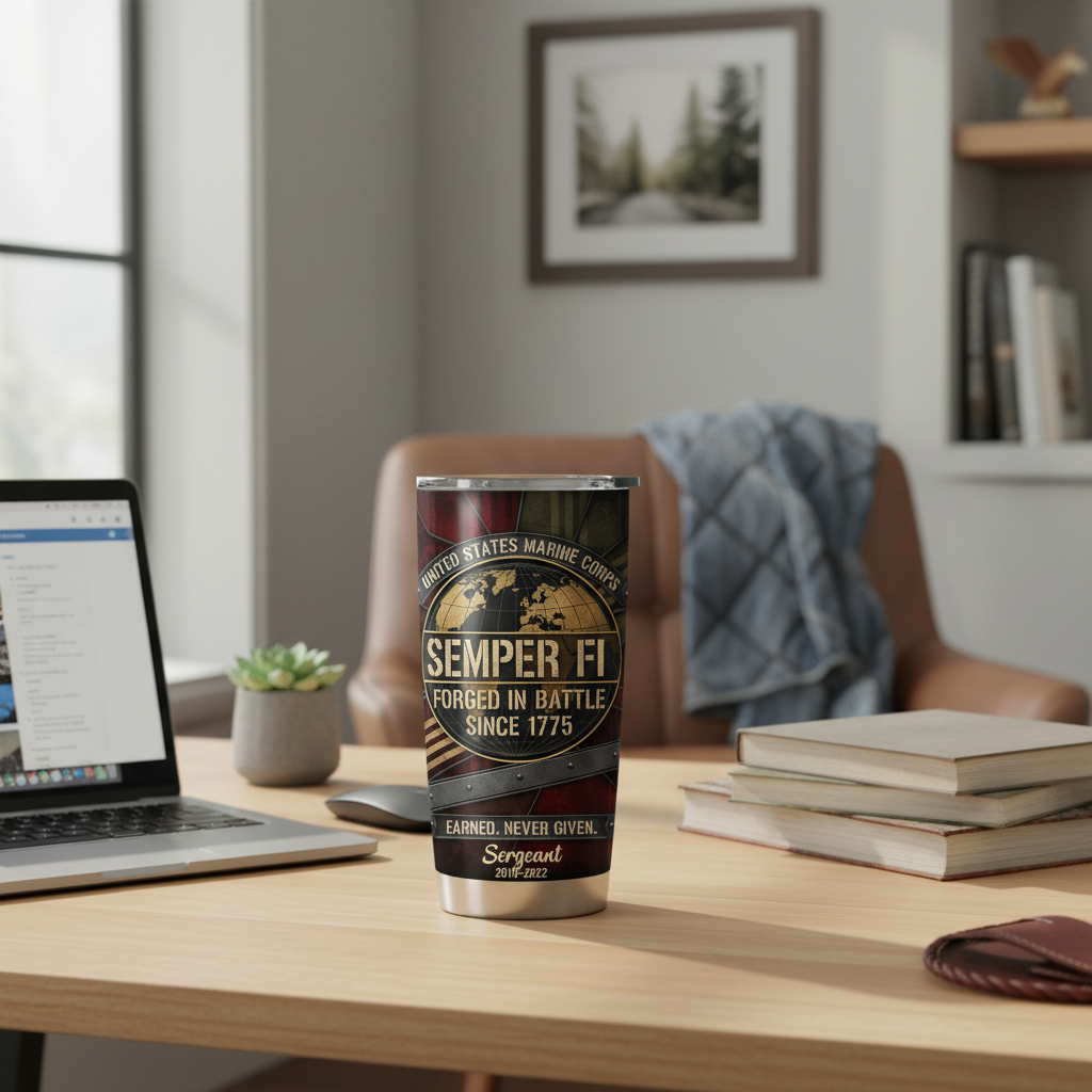 Personalized USMC "Semper Fi" Steel Plate Tumbler - Custom Rank, Name & Service Years