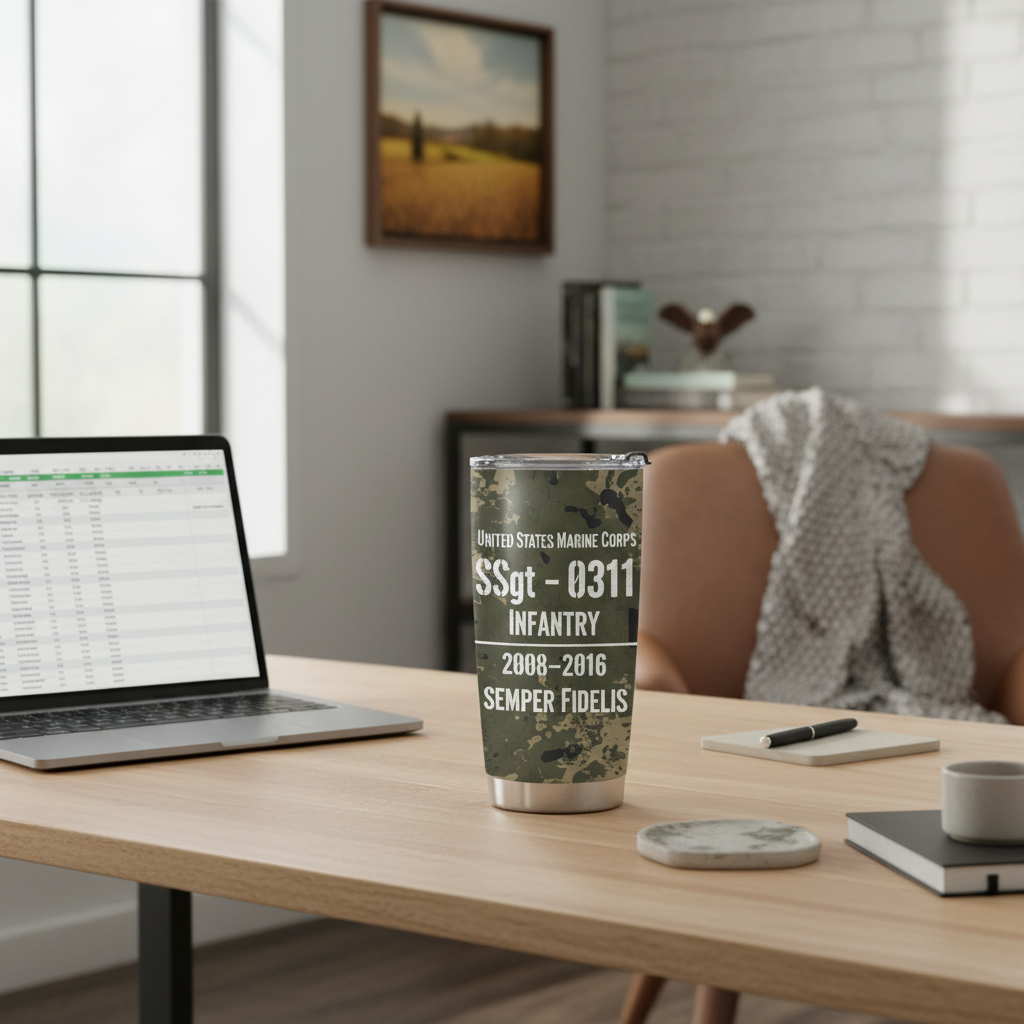 Custom Name Camo USMC Veteran Tumbler - Personalized MOS, Rank & Service Years