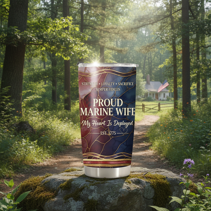 Custom Name Proud Marine Wife Tumbler - Semper Fidelis Marble Design