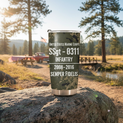 Custom Name Camo USMC Veteran Tumbler - Personalized MOS, Rank & Service Years