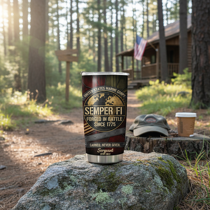 Personalized USMC "Semper Fi" Steel Plate Tumbler - Custom Rank, Name & Service Years
