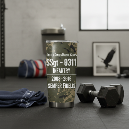 Custom Name Camo USMC Veteran Tumbler - Personalized MOS, Rank & Service Years