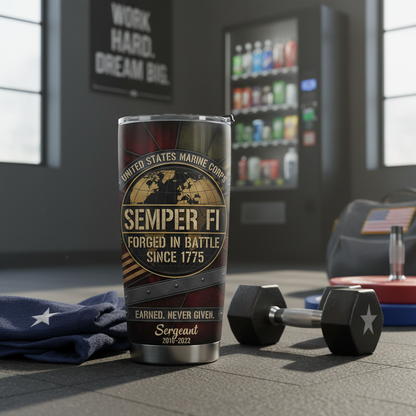 Personalized USMC "Semper Fi" Steel Plate Tumbler - Custom Rank, Name & Service Years