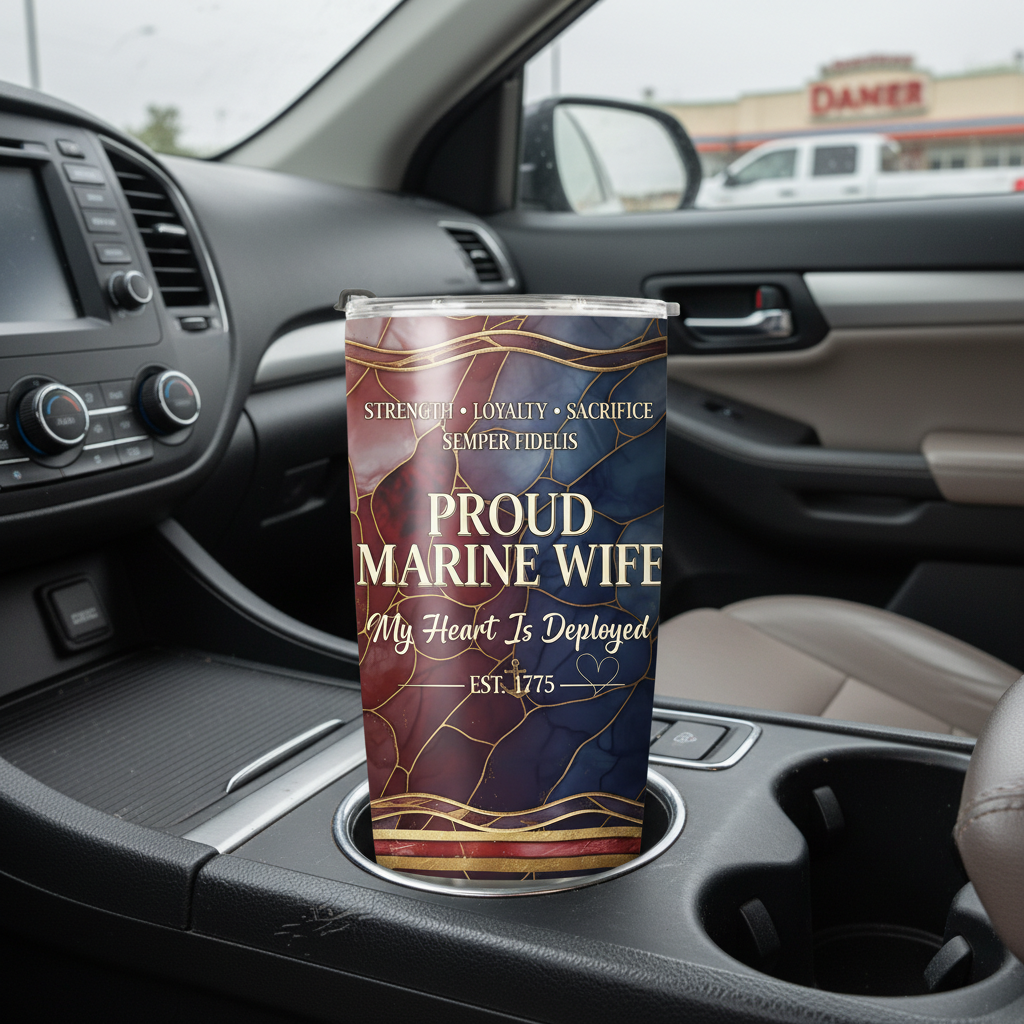 Custom Name Proud Marine Wife Tumbler - Semper Fidelis Marble Design