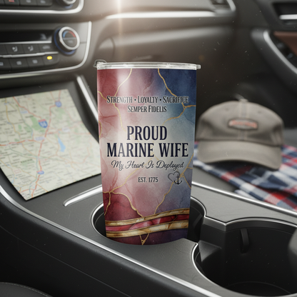 Personalized "My Heart Is Deployed" Marine Wife Tumbler - Custom Name & Anniversary