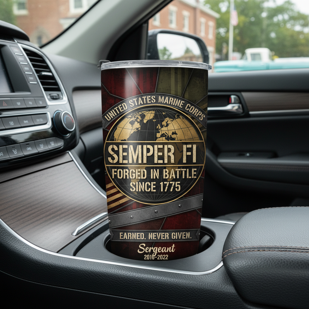 Personalized USMC "Semper Fi" Steel Plate Tumbler - Custom Rank, Name & Service Years