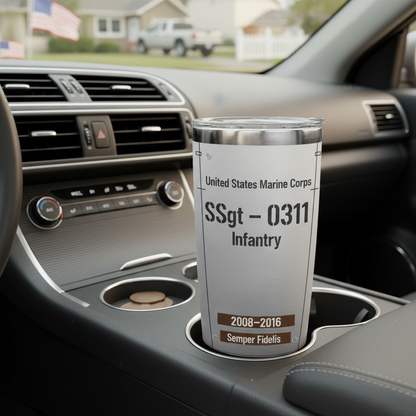 Personalized USMC Military Rank & MOS Tumbler - Custom Name, Service Years & Veteran Era