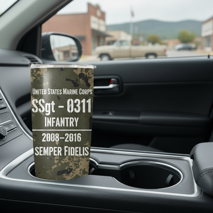 Custom Name Camo USMC Veteran Tumbler - Personalized MOS, Rank & Service Years