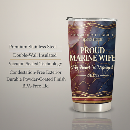 Custom Name Proud Marine Wife Tumbler - Semper Fidelis Marble Design